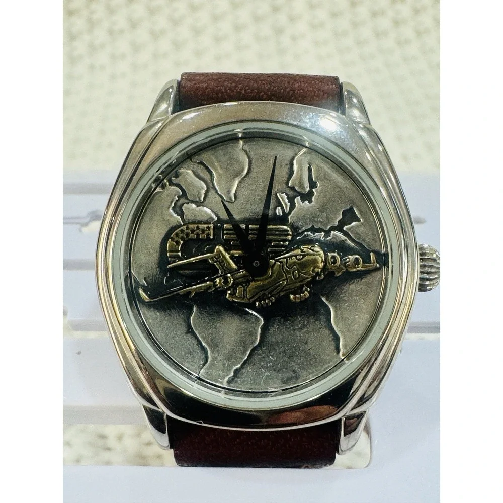 Vintage Fossil PR-1355 Airplane World Map Leather Watch Untested